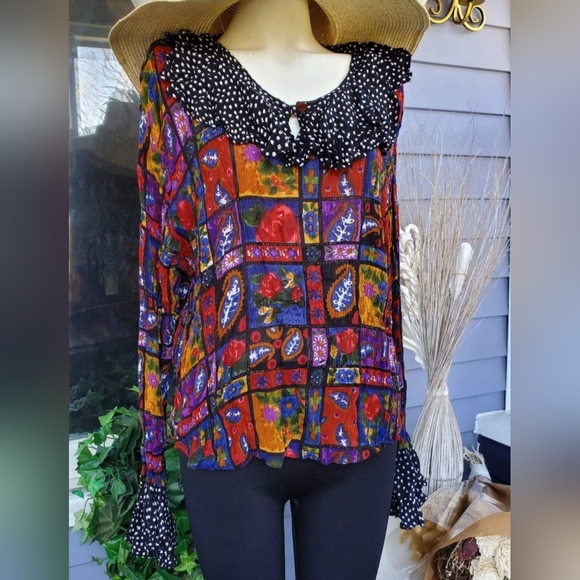 VTG 70s-80s Kaktus Rayon Multicolored Floral Boho Hippie Longsleeved Blouse Top - Picture 7 of 8
